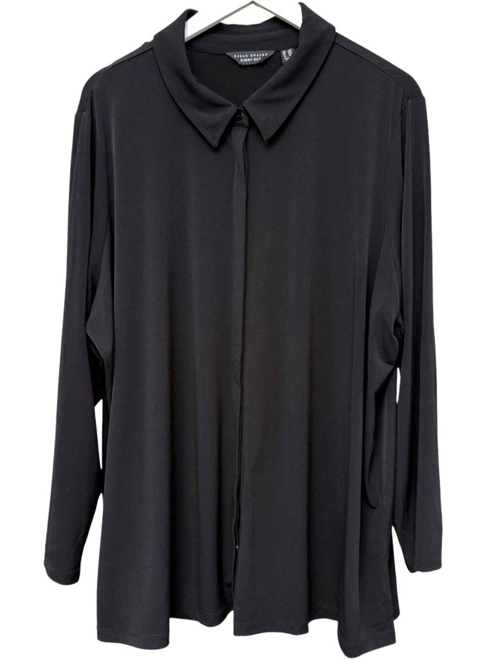 Susan Graver Liquid Knit Top Plus Size 2X Button Front Black Stretch Button up
